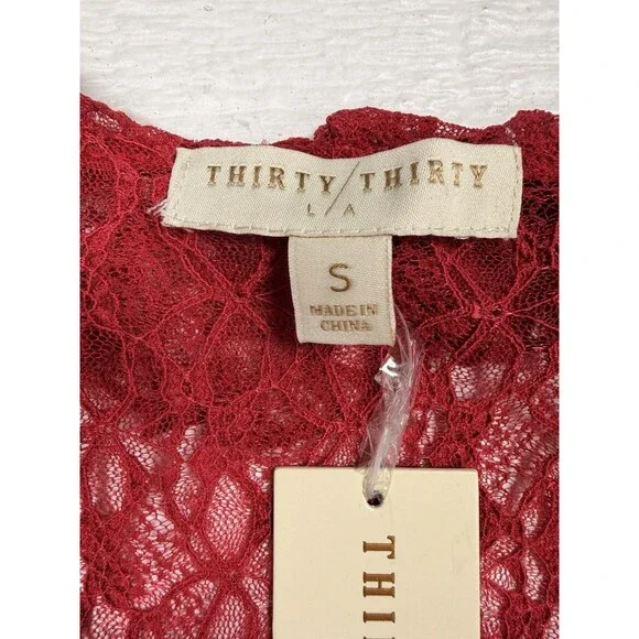 Thirty Thirty LA Red Lace Ruffle Tie Front Top Bell Sleeve Sheer Coquette NWT - Picture 5 of 15
